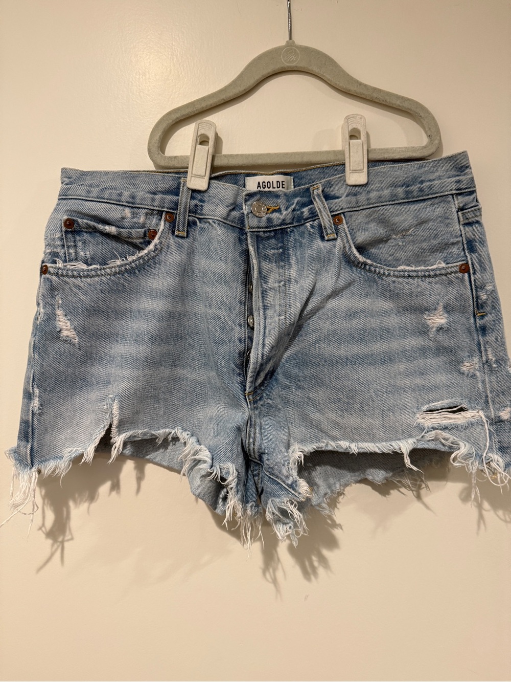 AGOLDE Light Wash Distressed Denim Cutoff Shorts